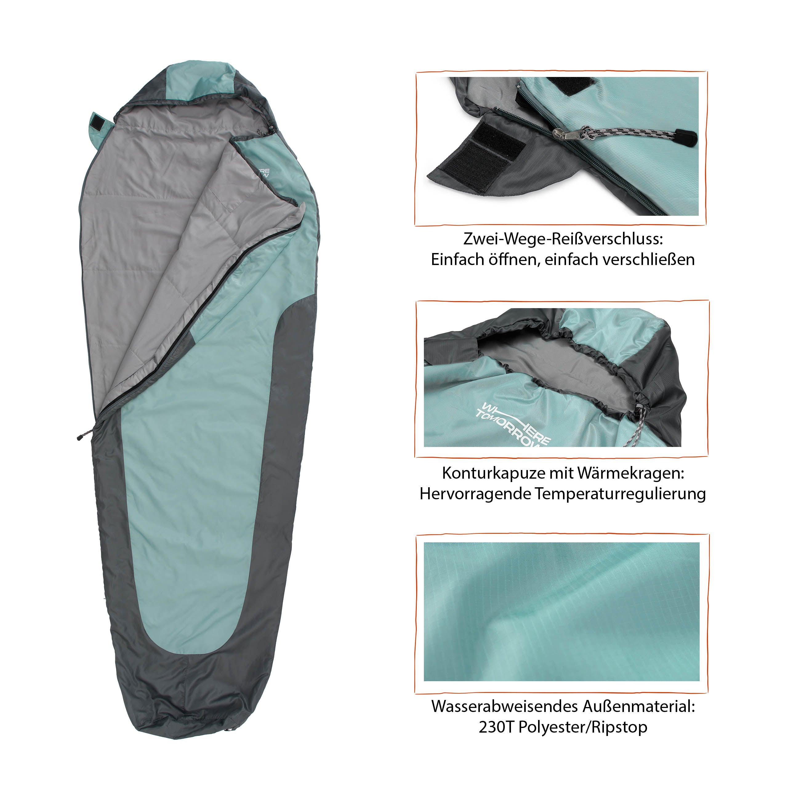 Schlafsack Small & Light - Mumienschlafsack mit Tasche - 220 x 80 x 50 cm - Hellblau-Grau