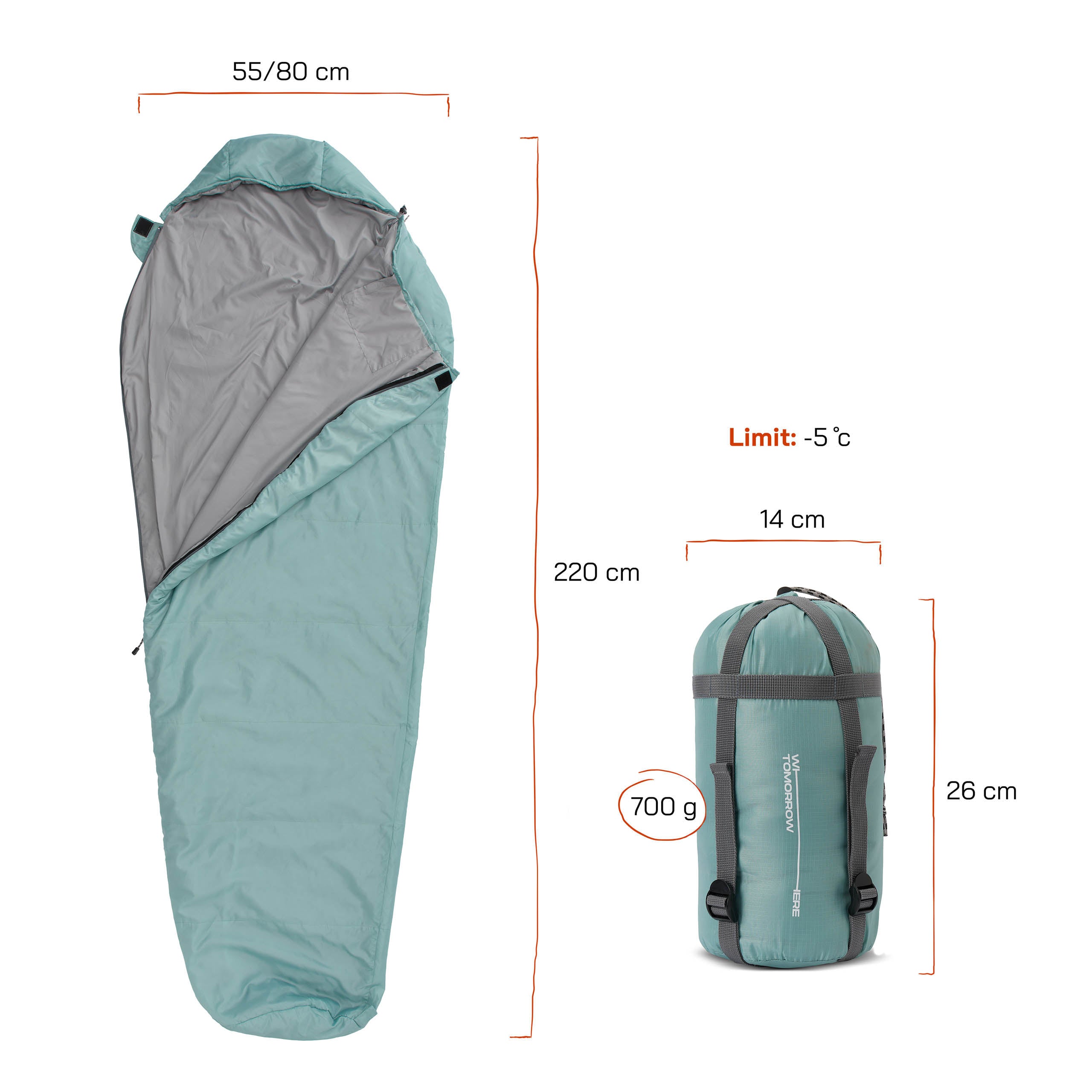 Camping Schlafsack Small & Light - Mumienschlafsack mit Tasche - 220 x 80 x 50 cm - Hellblau