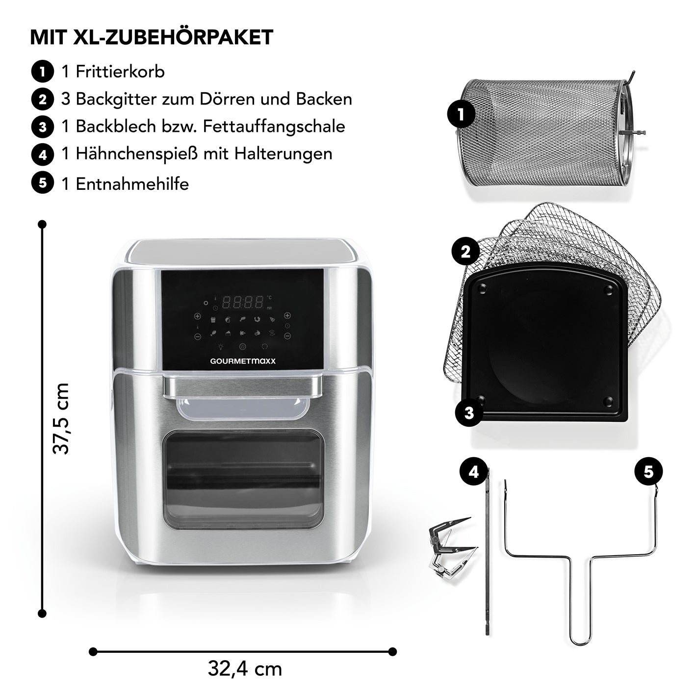 Heißluft-Fritteuse Digital - 12 l Fassungsvermögen - Edelstahl/weiß