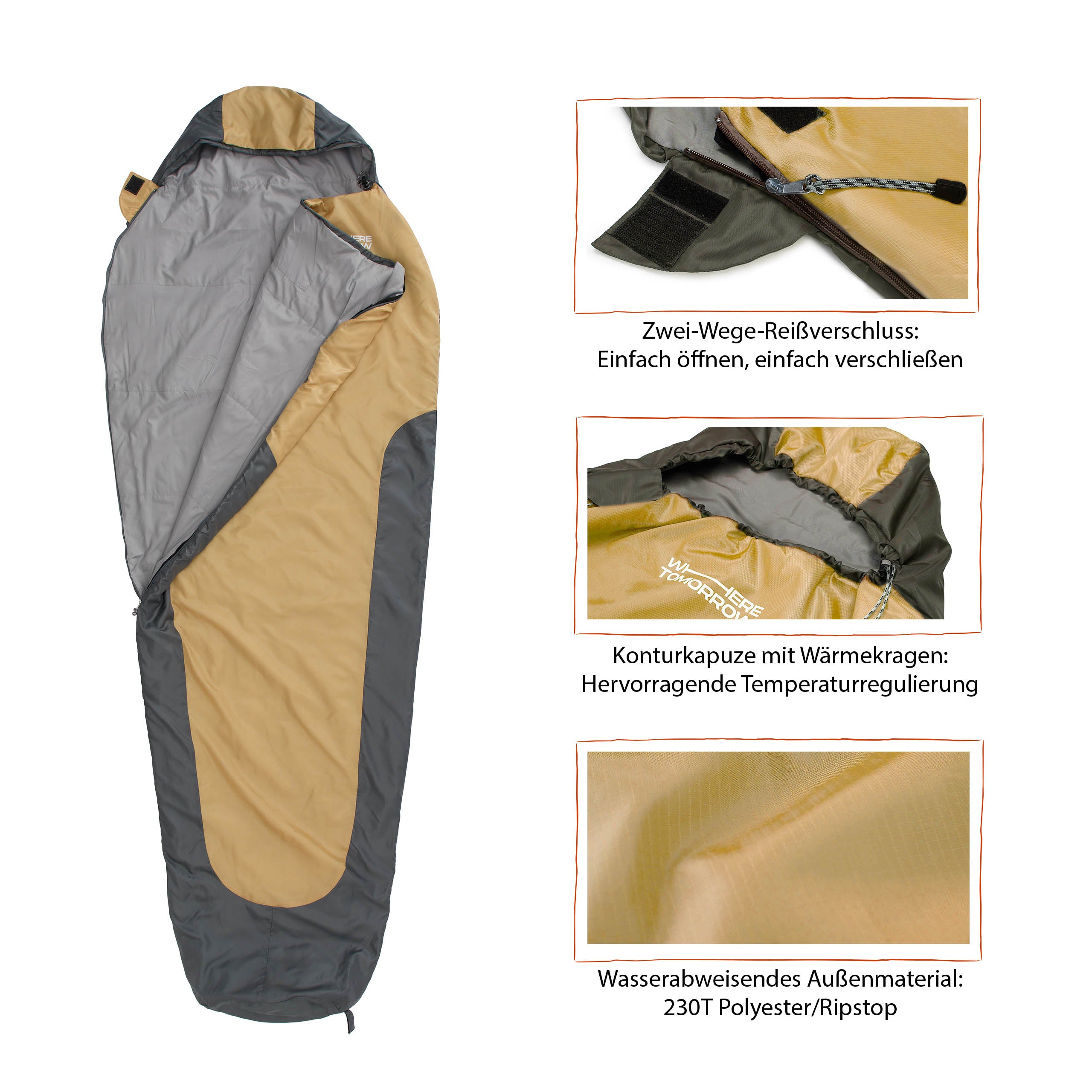 Camping Schlafsack Small & Light - Mumienschlafsack mit Tasche - 220 x 80 x 50 cm - Curry-Grau
