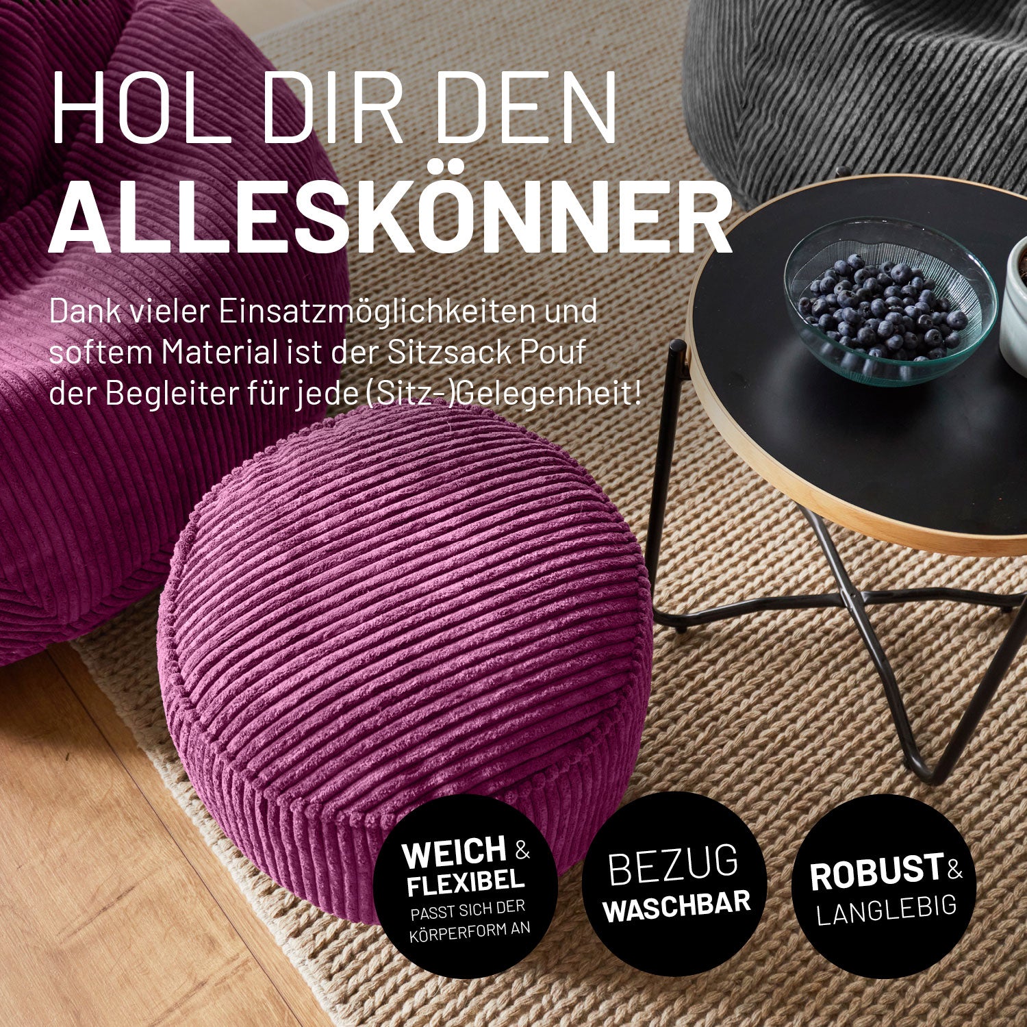 Sitzsack Pouf aus der Cord-Reihe - Weinrot