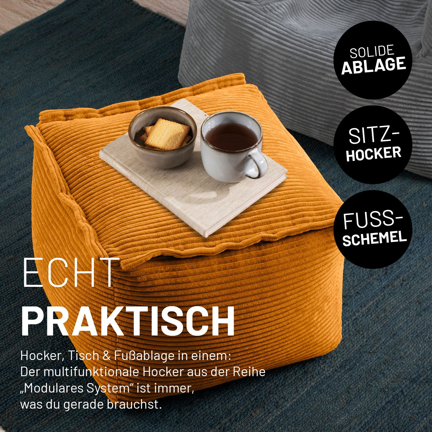 Modularer Sitzsack-Hocker aus der Cord-Reihe - Senfgelb