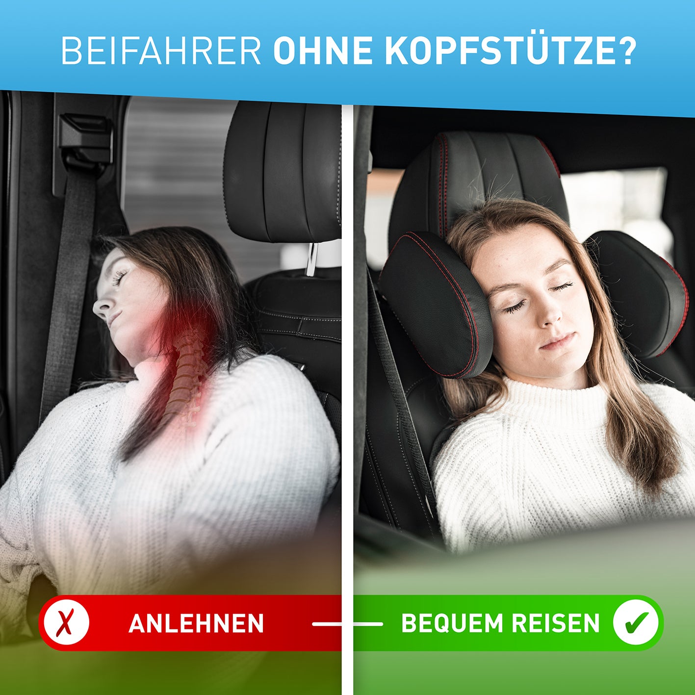 Auto-Kopfstütze - schwarzes Leder mit roten Nähten