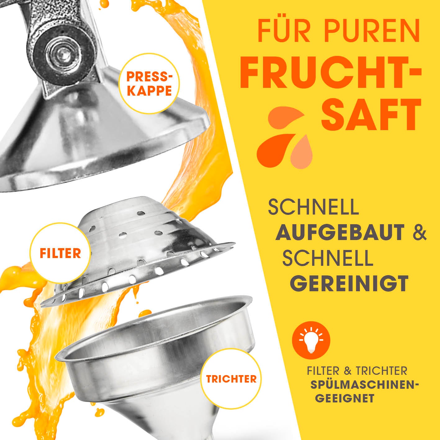 Manuelle Saftpresse + Orangenständer - Silber