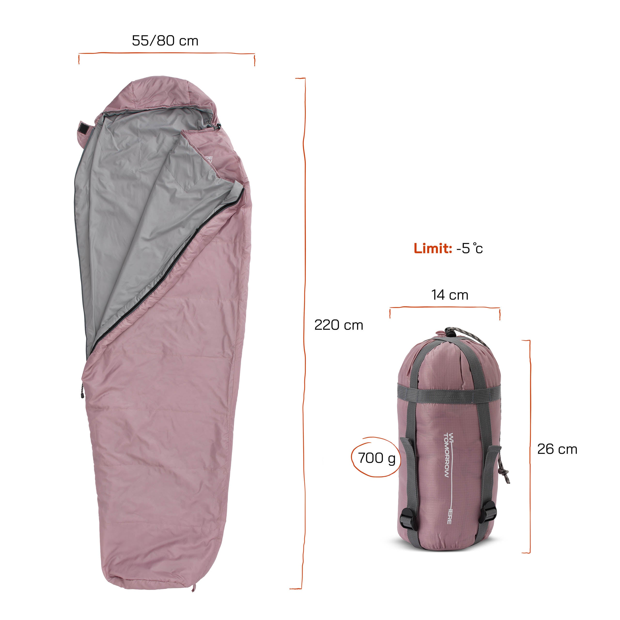 Camping Schlafsack Small & Light - Mumienschlafsack mit Tasche - 220 x 80 x 50 cm - Rose