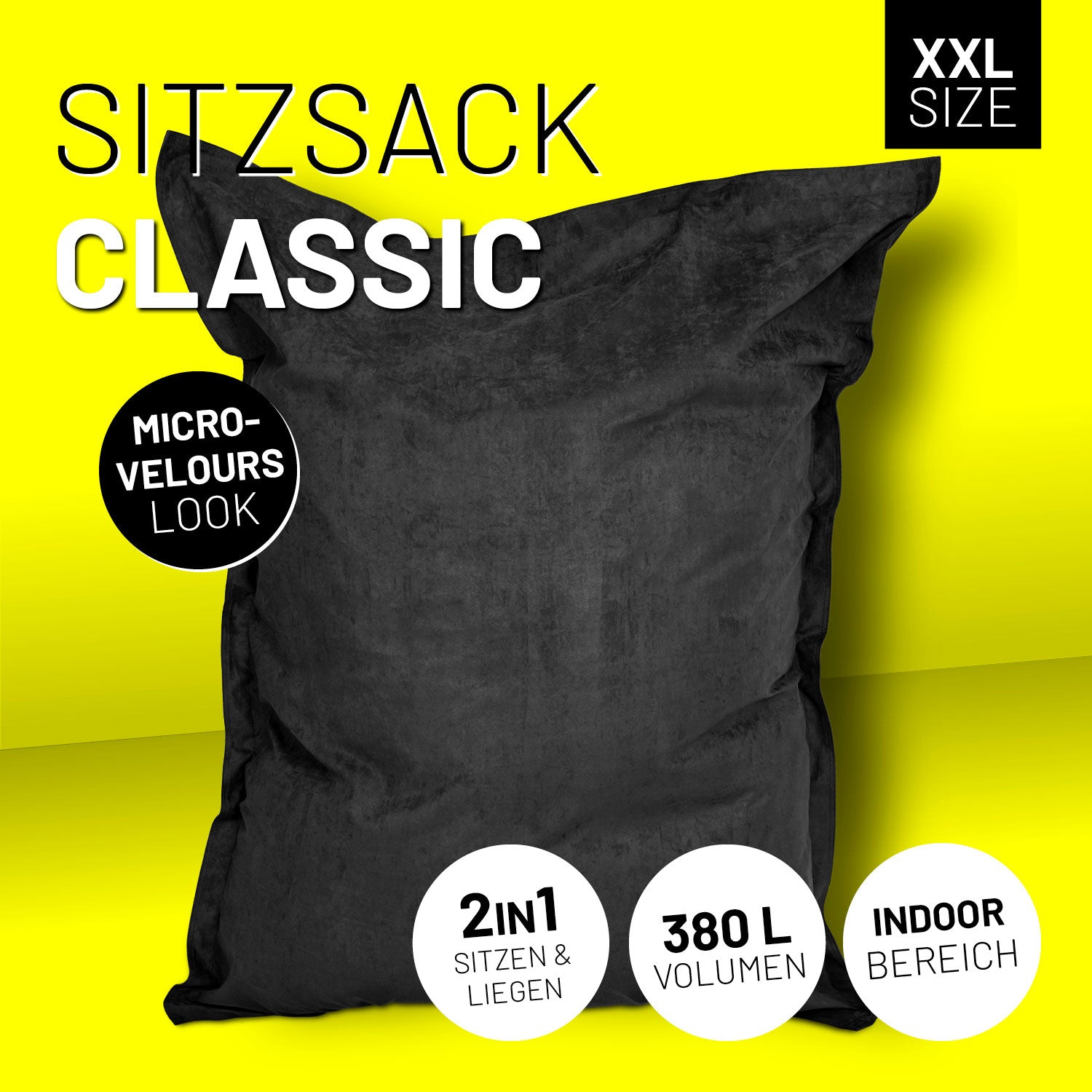 XXL Microvelours Sitzsack (380 L) - indoor - Schwarz