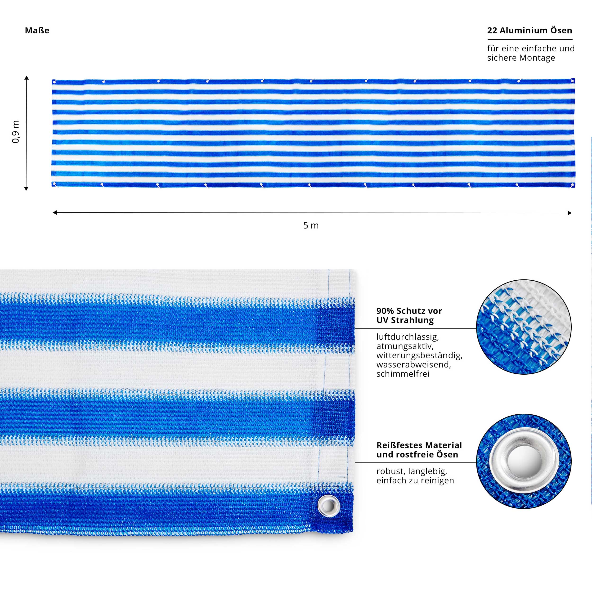 Balkonsichtschutz inkl. Befestigungsseil - 0,9 x 5 m - Blau/Weiß